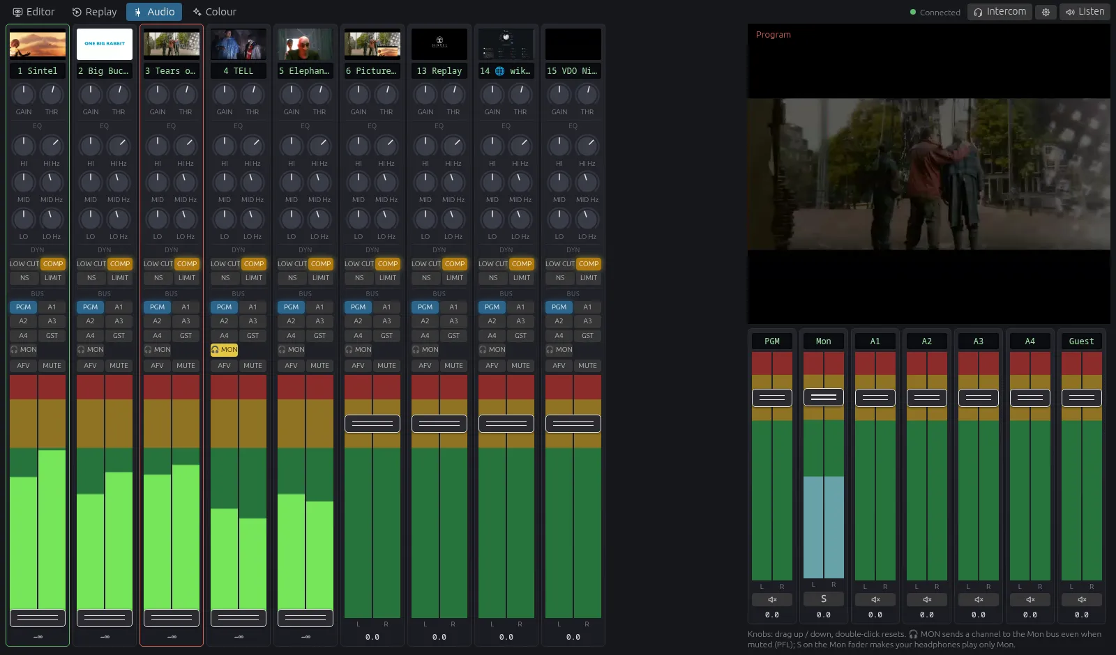 Web control surface, Audio tab: a channel strip per input with gain, EQ, dynamics, bus routing and faders, plus the bus masters