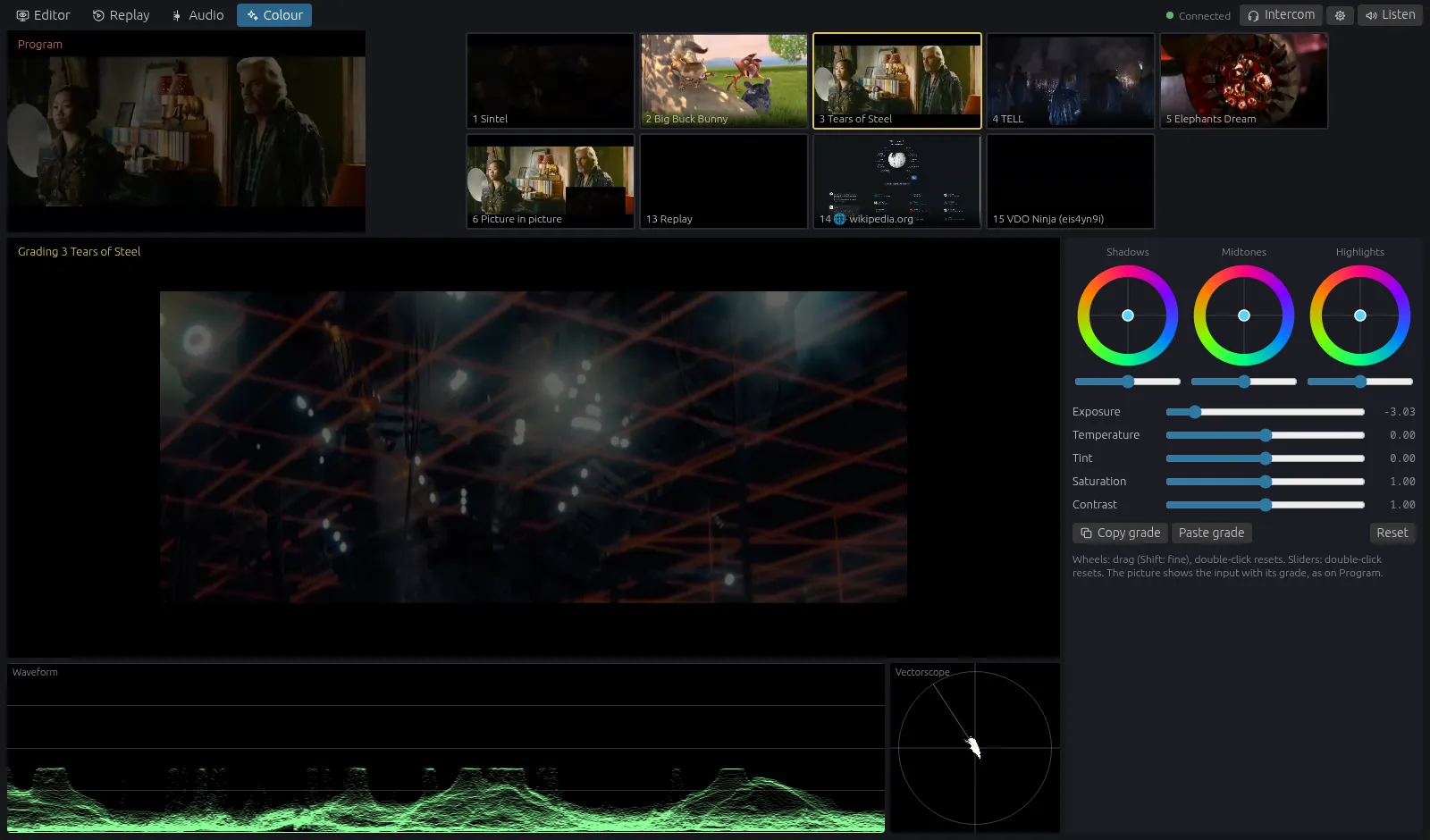 Web control surface, Colour tab: colour wheels, exposure and white balance sliders, waveform and vectorscope on the graded picture