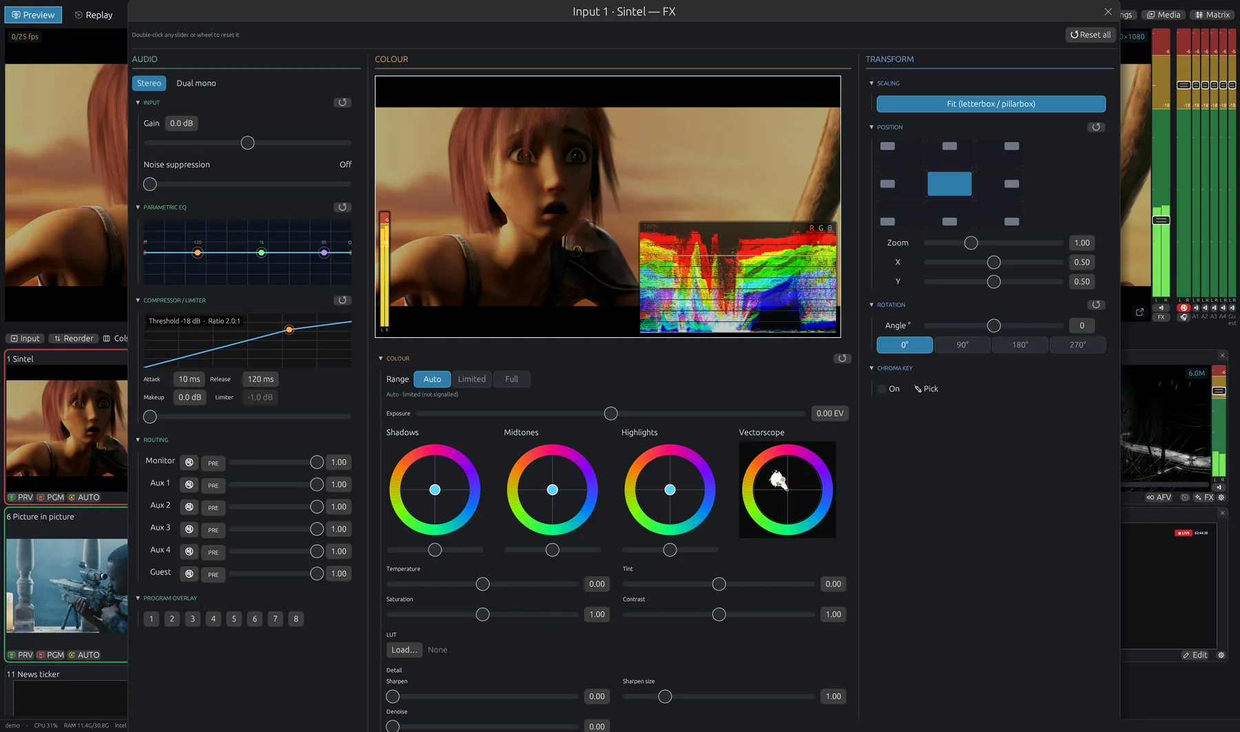 Input FX window with audio, colour and transform sections