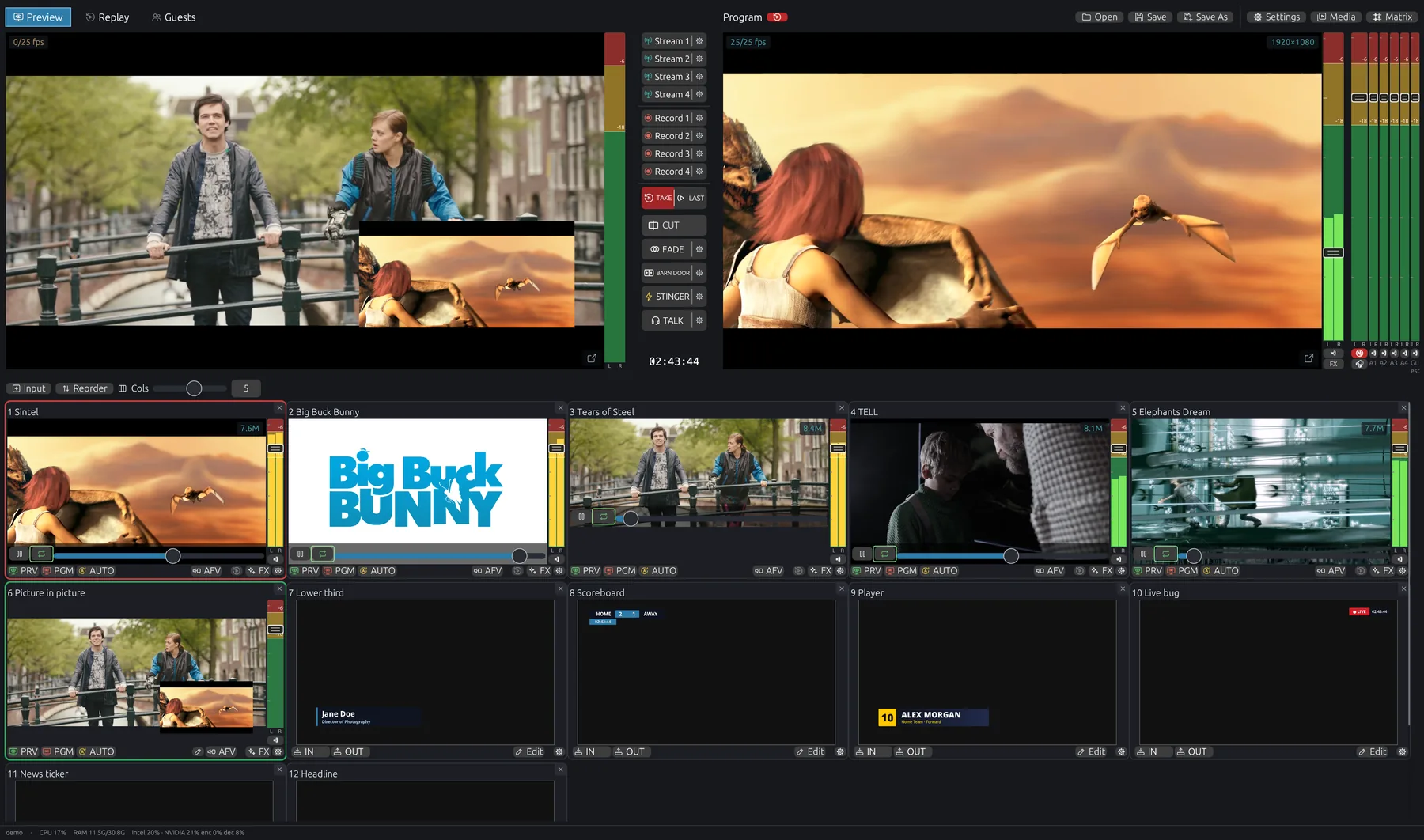 STREAMIX Studio main window with preview, program, transition bar and input grid