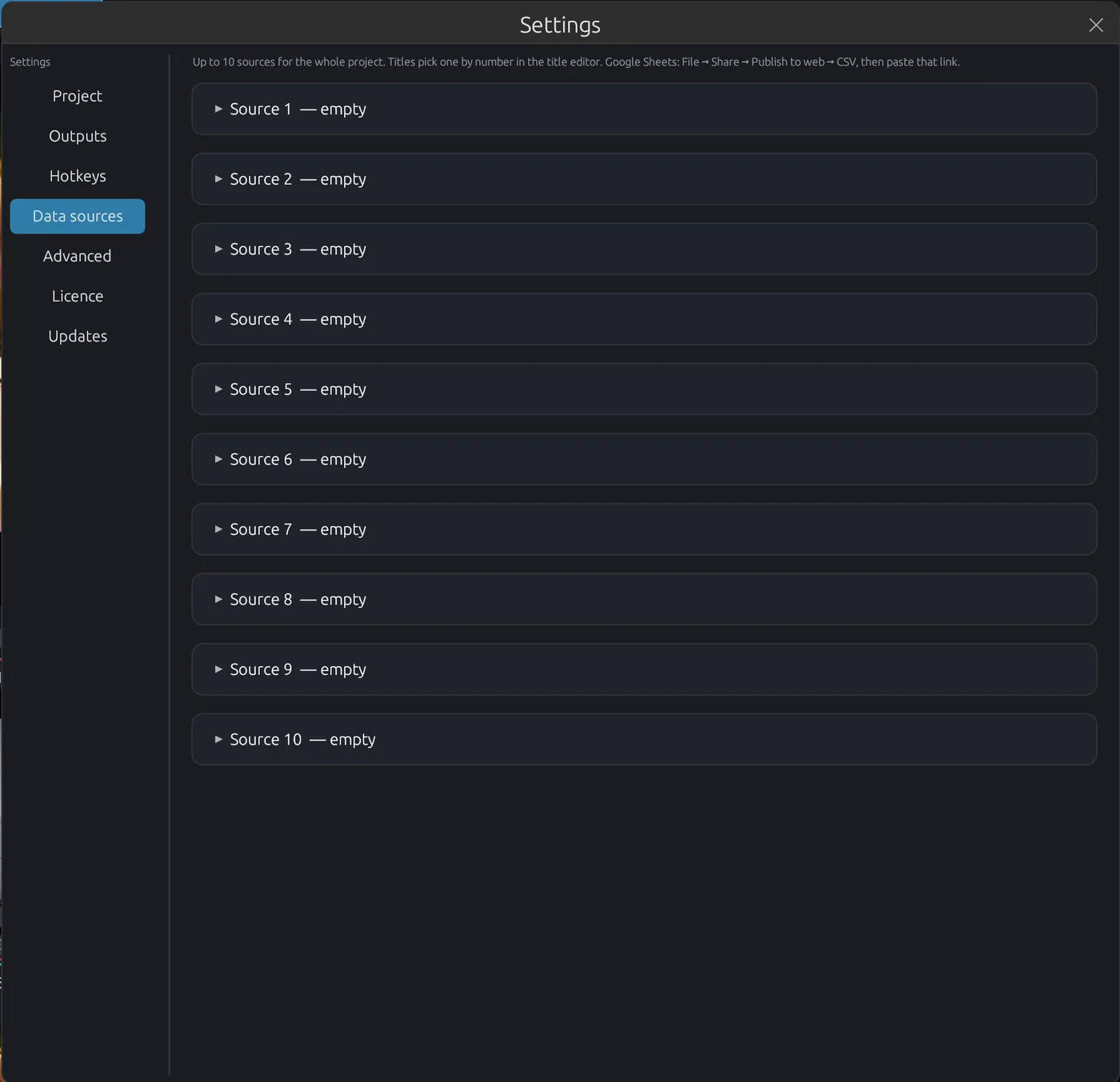 Data sources settings