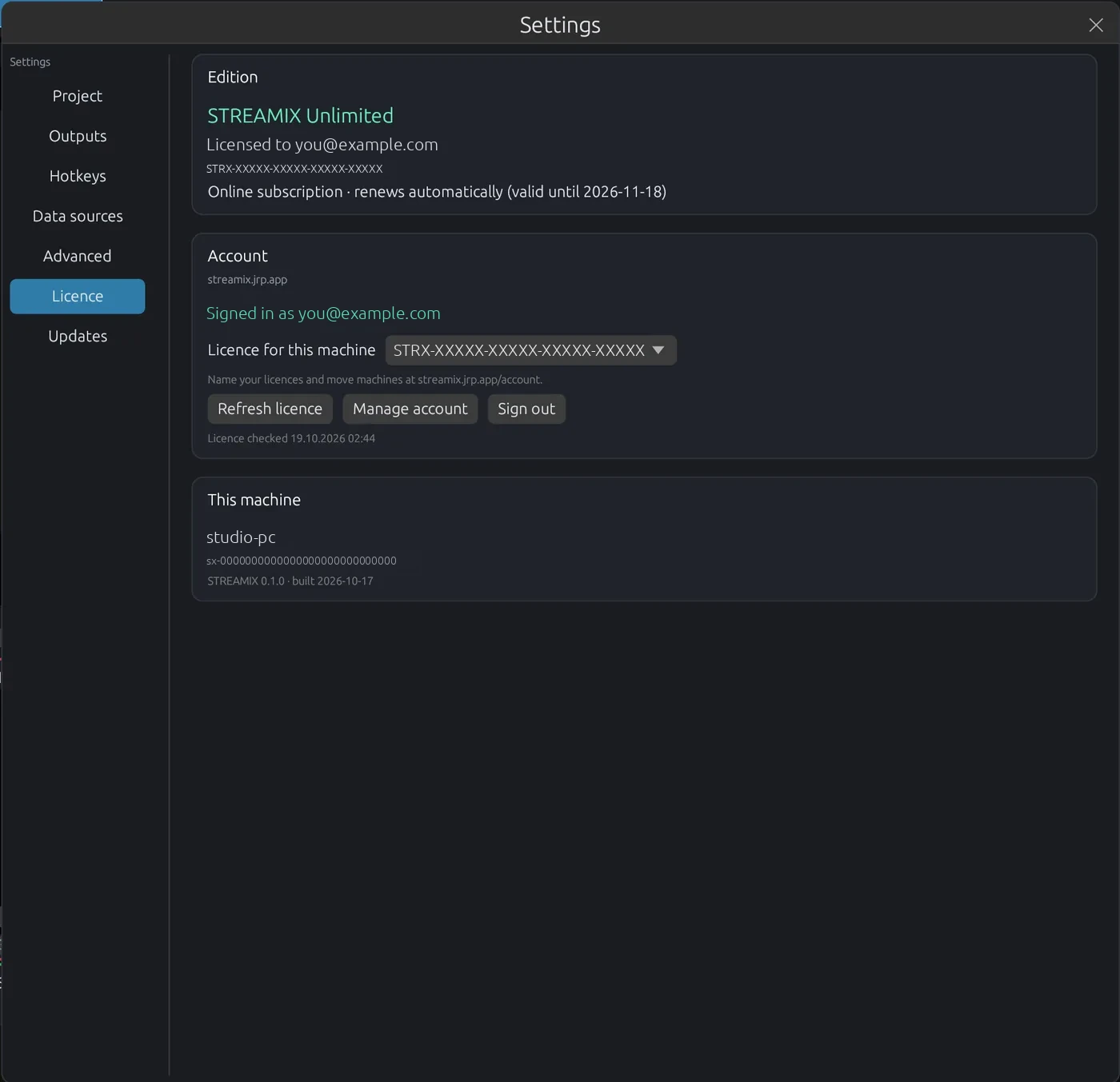 Settings, Licence tab