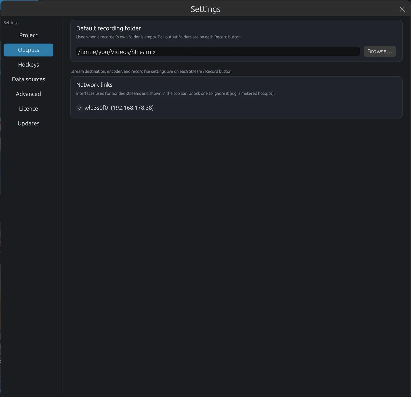 Outputs settings