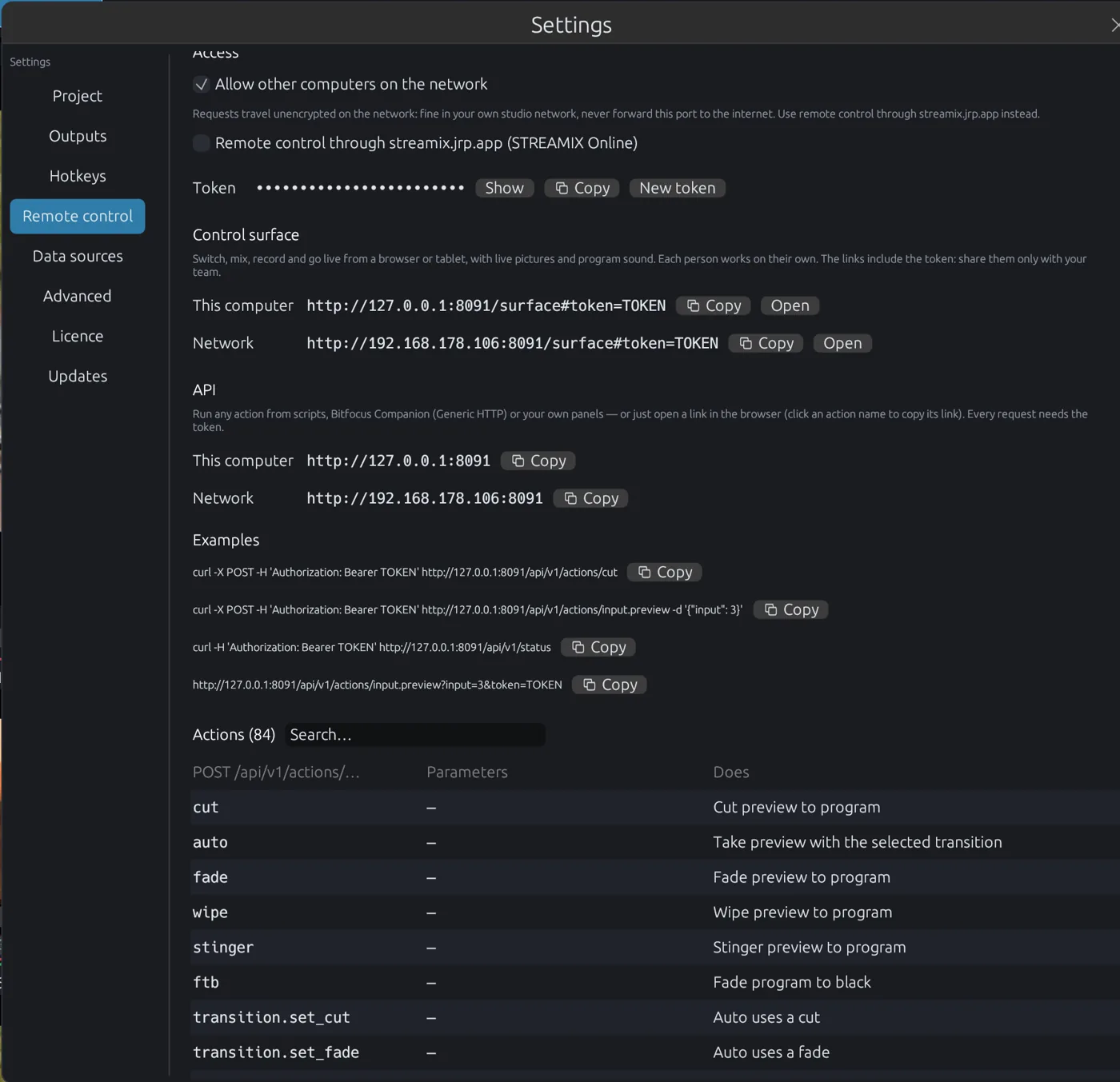 Remote control settings: access, control surface links, API addresses, examples and the action list